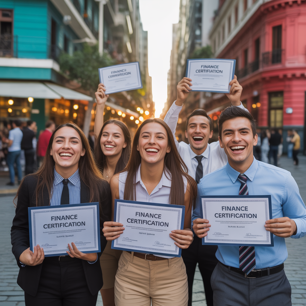 Graduados de un programa de FinanzasArFuturo celebrando con certificados